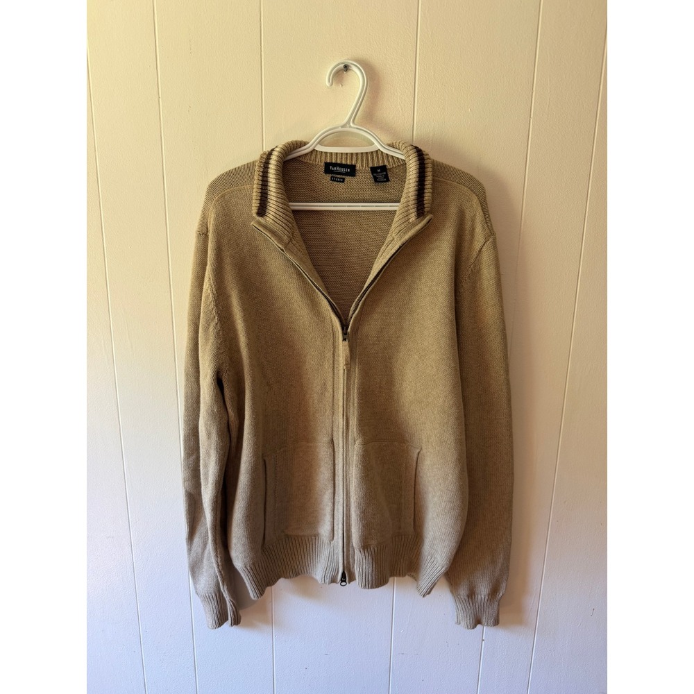 Van Heusen Studio Mens Tan Full Zip Cotton Cardigan Sweater Mock Neck Pockets M